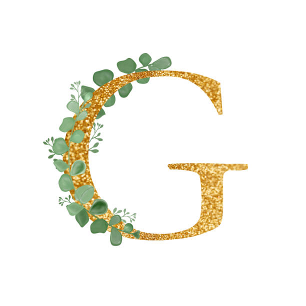 istock Gold Floral Alphabet - letter G with Eucalyptus leaves branch bouquet. A greeting card. Wedding elements. An illustration for printing. Print. Composition with Green Twigs and letter 1329862327