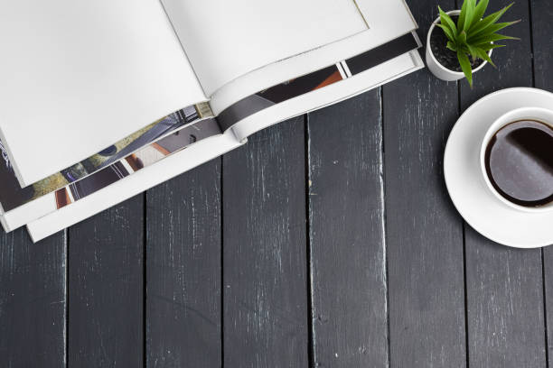 istock Close up stacking magazine place on table background 1329863915