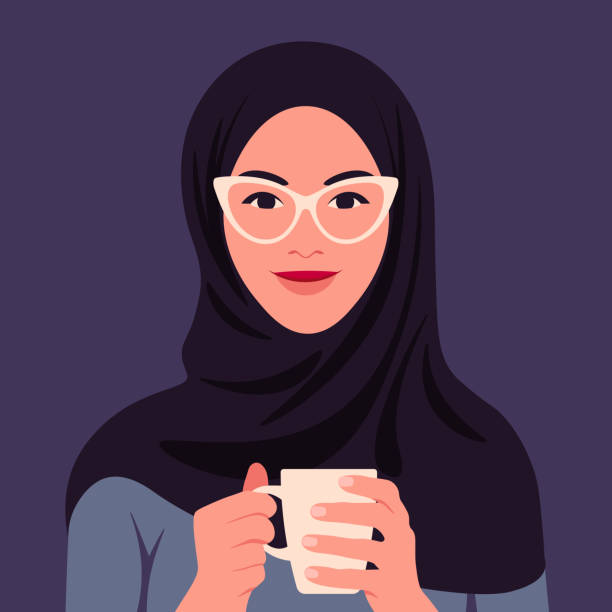 ilustrações de stock, clip art, desenhos animados e ícones de a muslim woman wearing a hijab is holding a cup of coffee in her hands. cozy home. - isolated on white breakfast cafe office
