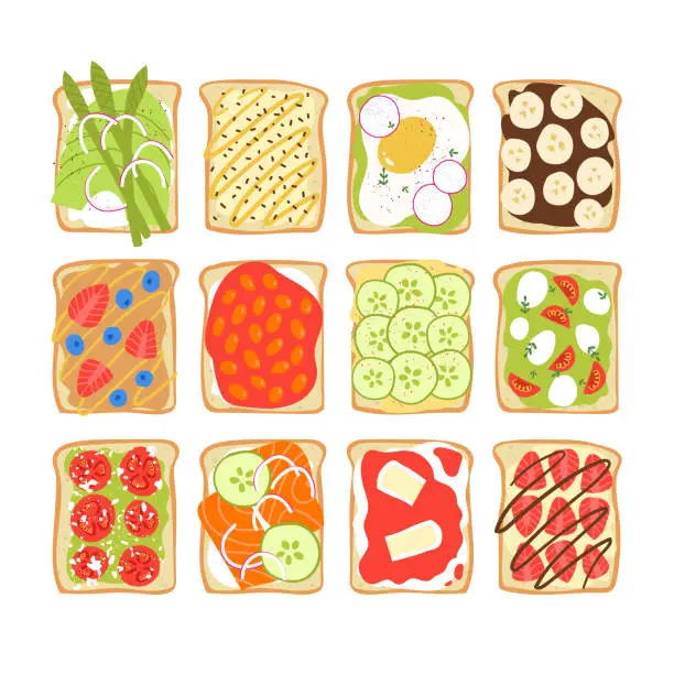 Vector illustration of Breakfast toast set. Yummy sandwiches with toppings. Flat hand drawn brunch illustration.