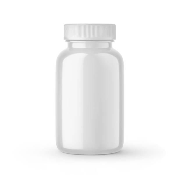 biała pusta butelka z tabletką medyczną z makietą czapki - bottle vitamin pill nutritional supplement white stock illustrations