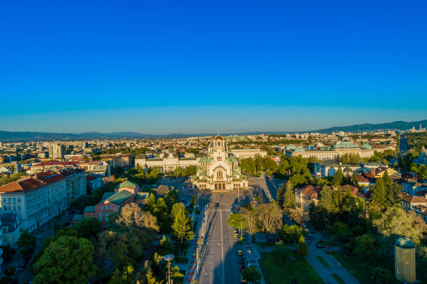 Wide drone shot of St. Alexander Nevski Cathedral (Bulgarian: Общ план на Храм-паметник Свети Александър Невски). The photo is taken with drone DJI Phantom 4 Pro.