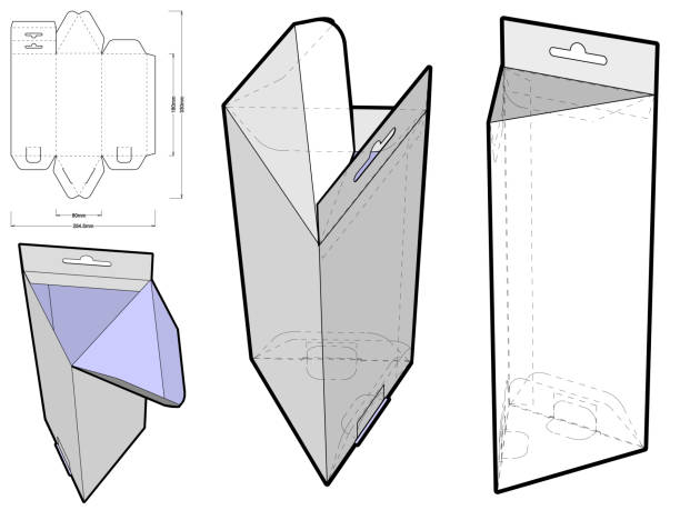 삼각형 상자와 다이 컷 패턴. .eps 파일은 전체 스케일이며 완벽하게 작동합니다. 실제 골판지 생산을 위해 준비되었습니다. - pyramidal cell stock illustrations