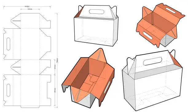 Vector illustration of Cake Box with handle and Die-cut Pattern. The .eps file is full scale and fully functional. Prepared for real cardboard production.