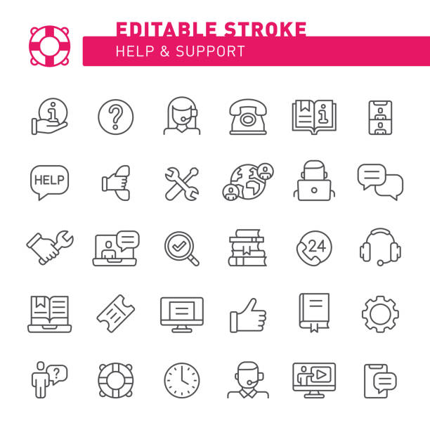 Help and Support Icons Technical support, support, service, help, assistance, icon, icon set, editable stroke, outline, customer service representative, online support, service, call center buoy stock illustrations