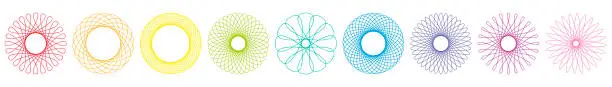 Vector illustration of Spirograph graphic flowers, colorful different geometric circular patterns. Isolated vector illustration on white background.