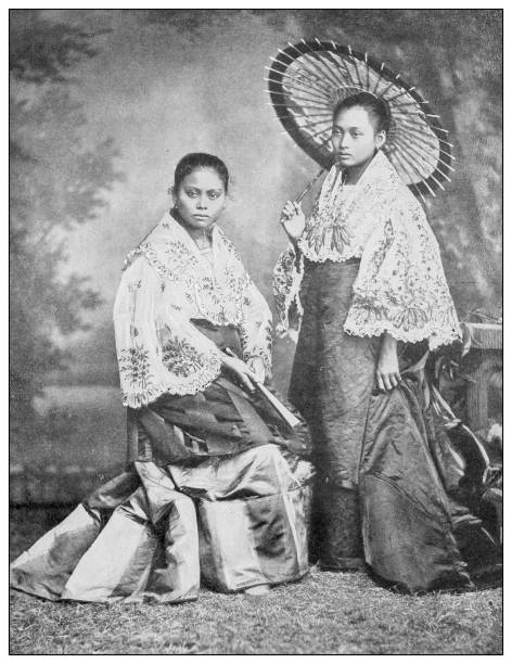Antique black and white photograph: Tagalog girls, Philippines Antique black and white photograph of people from islands in the Caribbean and in the Pacific Ocean; Cuba, Hawaii, Philippines and others: Tagalog girls, Philippines philippines photos stock illustrations