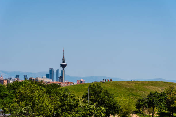 Madrid, Spain - June 12, 2021: Skyline of Madrid from Tio Pio Park. Aerial cityscape a sunny day