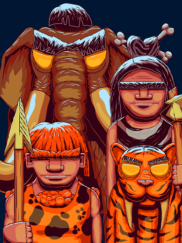 Hand-drawn Vector illustration of the Stone Age - Cavemen, mammoth and saber-toothed tiger.