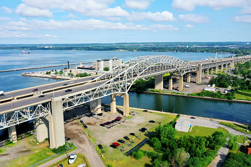 An aerial of the Burlington Skyway with traffic