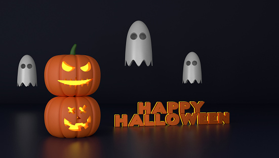 Halloween pumpkin, ghosts and Happy Halloween message on dark background. Halloween Background Concept.