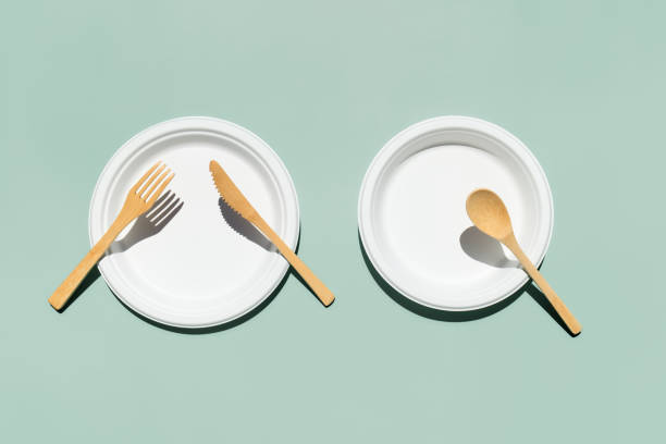 istock Eco friendly bamboo cutlery set and biodegradable plates on light green pastel background. Zero waste, plastic-free  lifestyle concept. 1329875277
