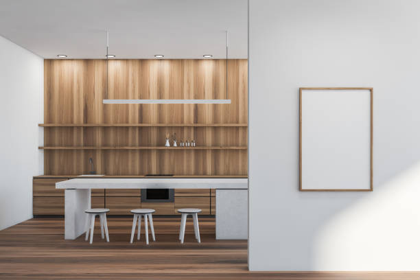 istock White kitchen interior with bar chairs and table on wooden floor, mockup poster 1329877761