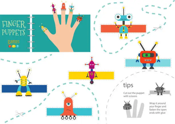 Vector illustration of Finger puppet vector robots. Cut and glue educational worksheet for little children