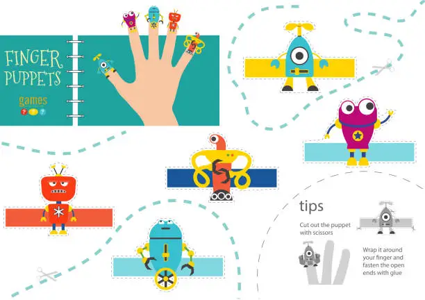 Vector illustration of Vector robotics as finger puppets. Cut and glue activity for preschool kids
