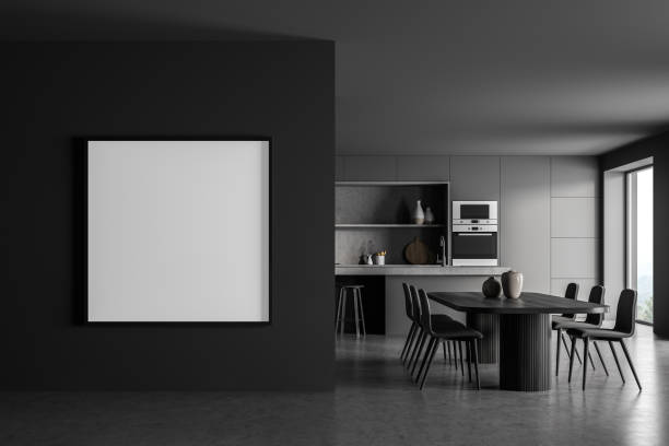 istock Dark kitchen interior with furniture on concrete floor, mockup frame 1329880150