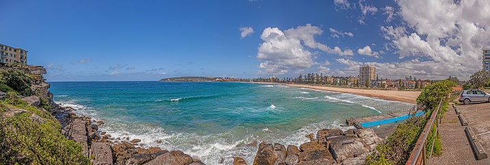 Panoramic picture of Queenscliff Beach near Sydney during daytime sunshine in summer