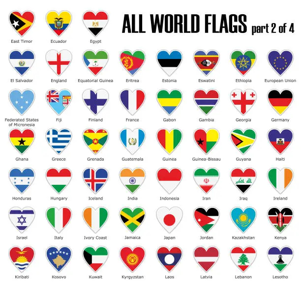 Vector illustration of Set all World flags part 2 of 4 in heart with shadow and white outline with names