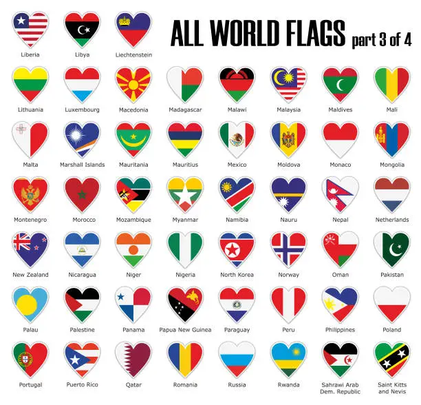 Vector illustration of Set all World flags part 3 of 4 in heart with shadow and white outline with names