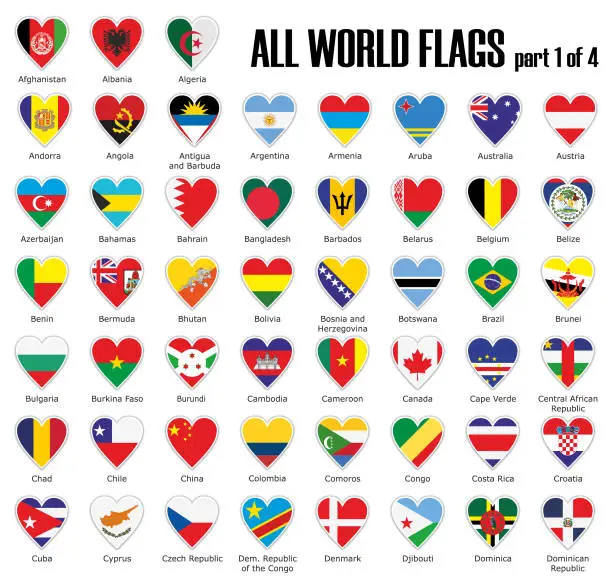 Vector illustration of Set all World flags part 1 of 4 in heart with shadow and white outline with names