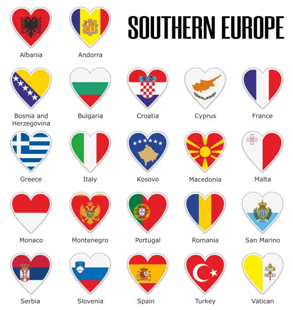 Vector illustration of Set flags Southern Europe in heart with shadow and white outline with names