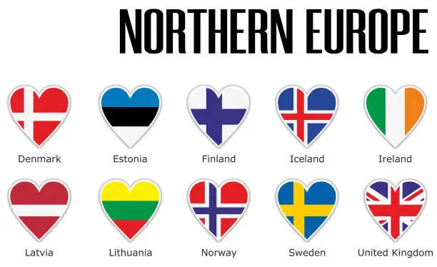 Vector illustration of Set flags Northern Europe in heart with shadow and white outline with names