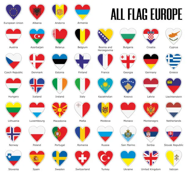 Vector illustration of Set flags Europe in heart with shadow and white outline with names