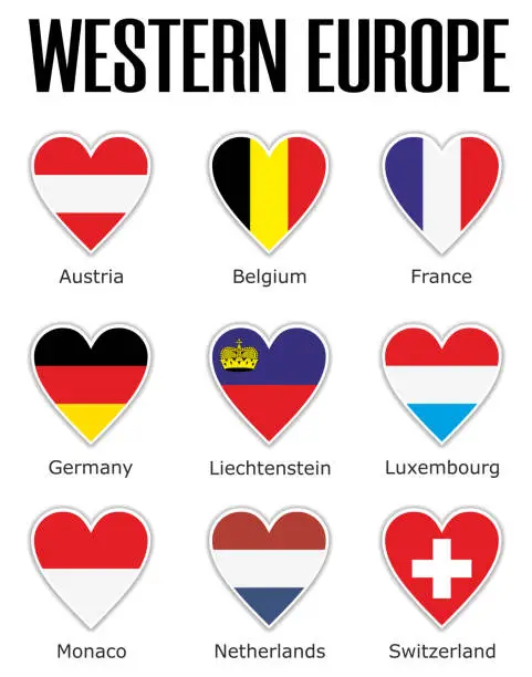 Vector illustration of Set flags Western Europe in heart with shadow and white outline with names