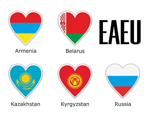 Set flags Eurasian Economic Union in heart with shadow and white outline with names