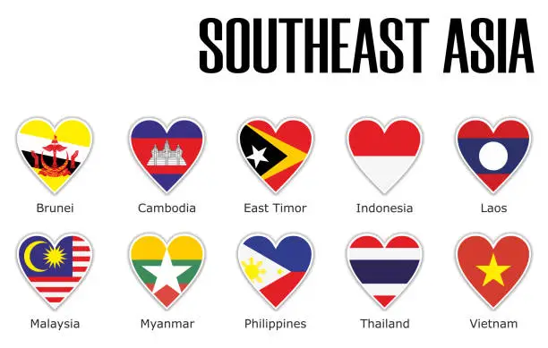 Vector illustration of Set flags southeast Asia in heart with shadow and white outline with names