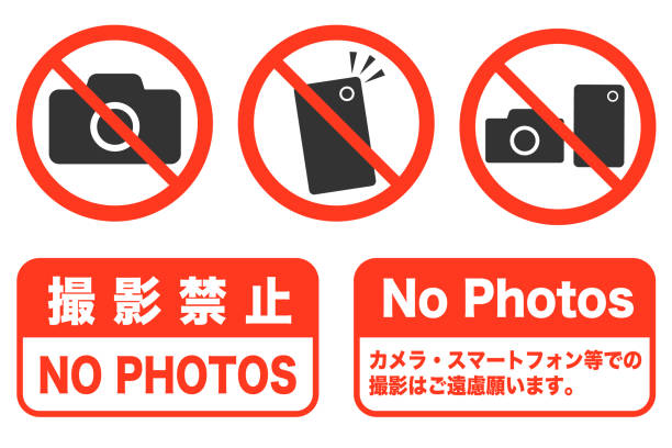 No Photography sign No Photography sign. Red diagonal line and black camera. Vector illustration. no photographs sign stock illustrations