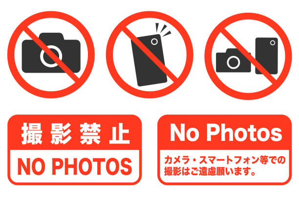 No Photography sign No Photography sign. Red diagonal line and black camera. Vector illustration. single word no stock illustrations