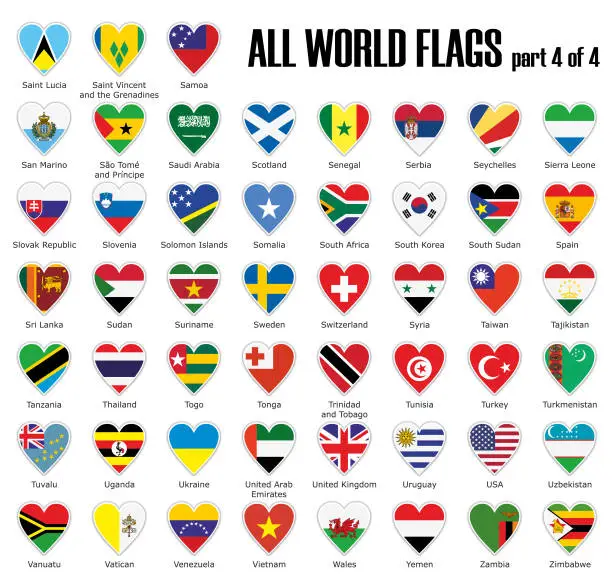 Vector illustration of Set all World flags part 4 of 4 in heart with shadow and white outline with names
