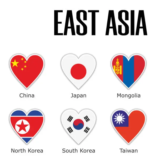 Vector illustration of Set flags East Asia in heart with shadow and white outline with names