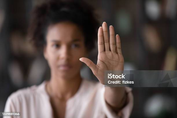 Close Up African American Woman Showing Stop Gesture With Hand Stock Photo - Download Image Now