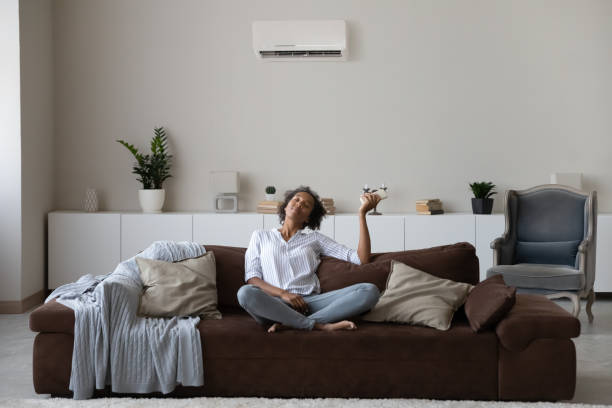 istock Peaceful African American woman using air conditioner remote controller 1329881383