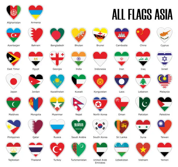 Vector illustration of Set flags Asia in heart with shadow and white outline with names