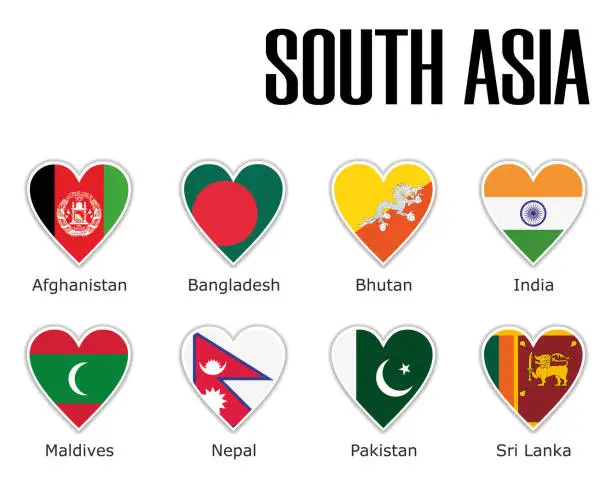 Vector illustration of Set flags south Asia in heart with shadow and white outline with names