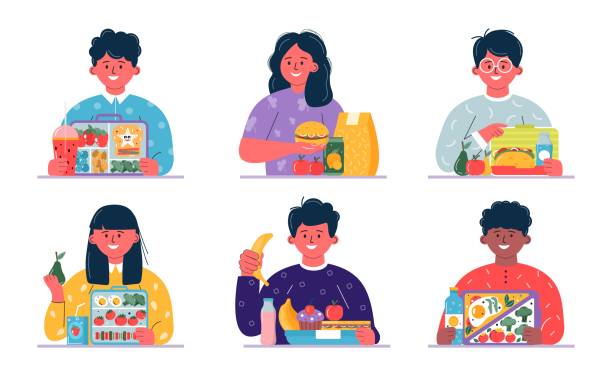 ilustrações de stock, clip art, desenhos animados e ícones de boys and girls having breakfast or lunch meals. kids, people eating, drinking diverse food, drinks. children school lunch boxes with meal, hamburger, sandwich, juice, snacks, fruit, vegetables.vector - burger sandwich hamburger eating