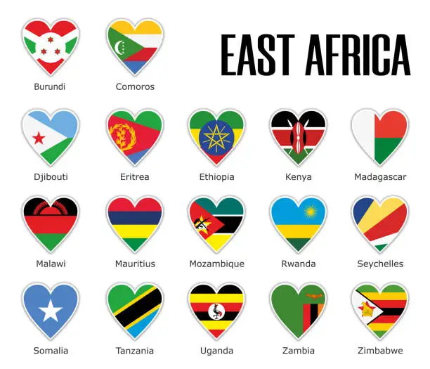 Vector illustration of Set flags East Africa in heart with shadow and white outline with names