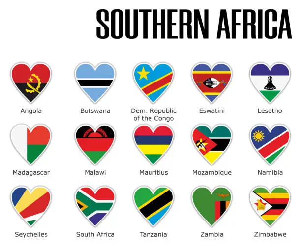 Vector illustration of Set flags southern Africa in heart with shadow and white outline with names