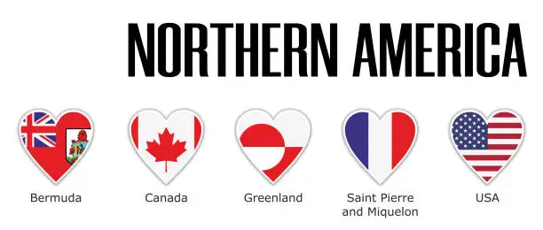 Vector illustration of Set flags North America in heart with shadow and white outline with names