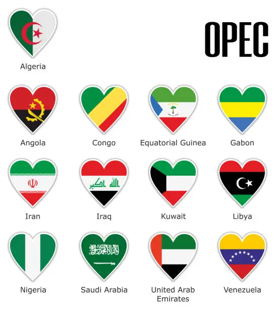 Vector illustration of Set flags OPEC in heart with shadow and white outline with names