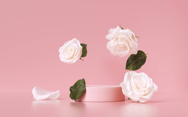 istock Abstract minimal scene with falling flowers – object display mockup, cosmetic beauty product promotion background with pink pedestal and white roses. 3d rendering floral romantic object placement packaging design 1329882460