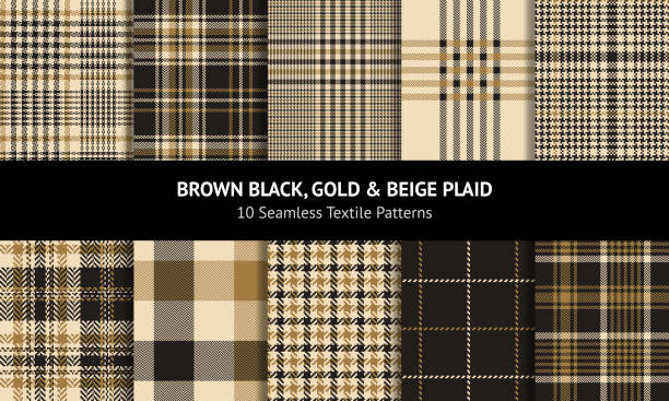 ilustrações de stock, clip art, desenhos animados e ícones de plaid set in brown black, gold, beige. seamless textured autumn winter tartan check patterns for flannel shirt, skirt, scarf, jacket, coat, dress, blanket, other modern fashion textile print. - tattersall