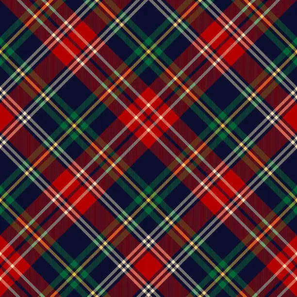 Vector illustration of Tartan plaid pattern for Christmas duvet cover or carpet in red, green, navy blue, yellow, beige. Seamless dark New Year holiday vector for blanket, throw, other modern winter fabric print.