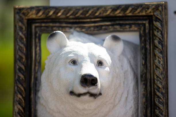 Plaster sculpture of a polar bear in a picture frame.