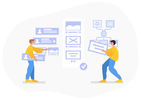 Two people stand near web page, various interface elements. Modern vector illustration
