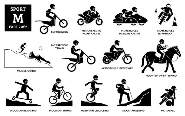 illustrazioni stock, clip art, cartoni animati e icone di tendenza di giochi sportivi alfabeto m icone vettoriali pittogramma. - motocross