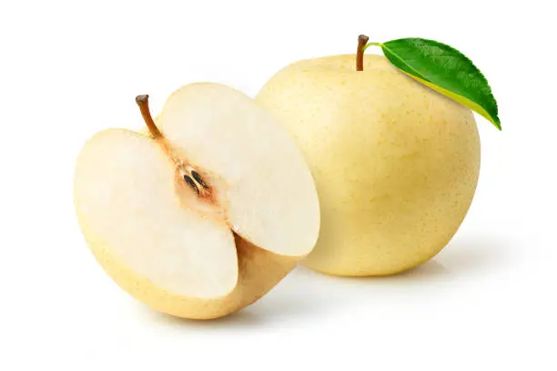 Closeup chinese pear with green leaf and cut in half sliced isolated on white background.